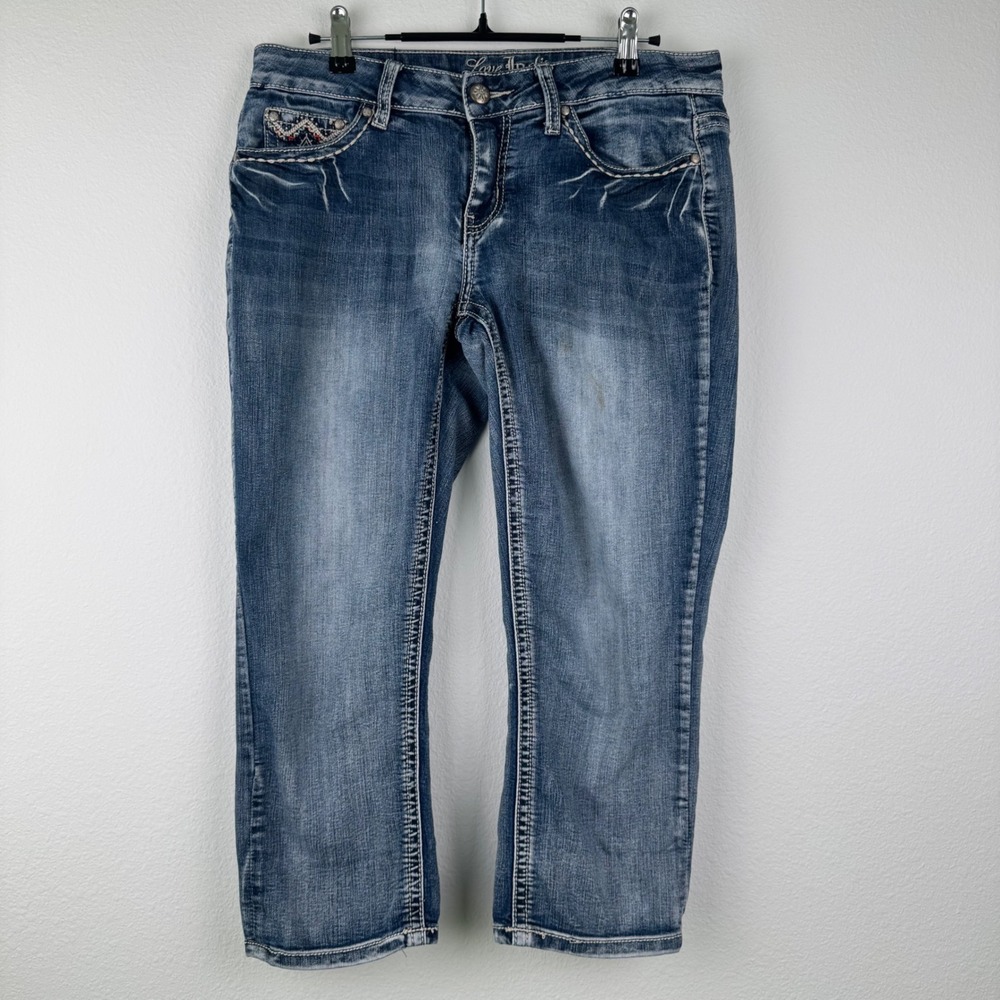 Love Indigo Capri Jeans Women 10 Blue Good Embroidered Flap Pocket Y2K Western